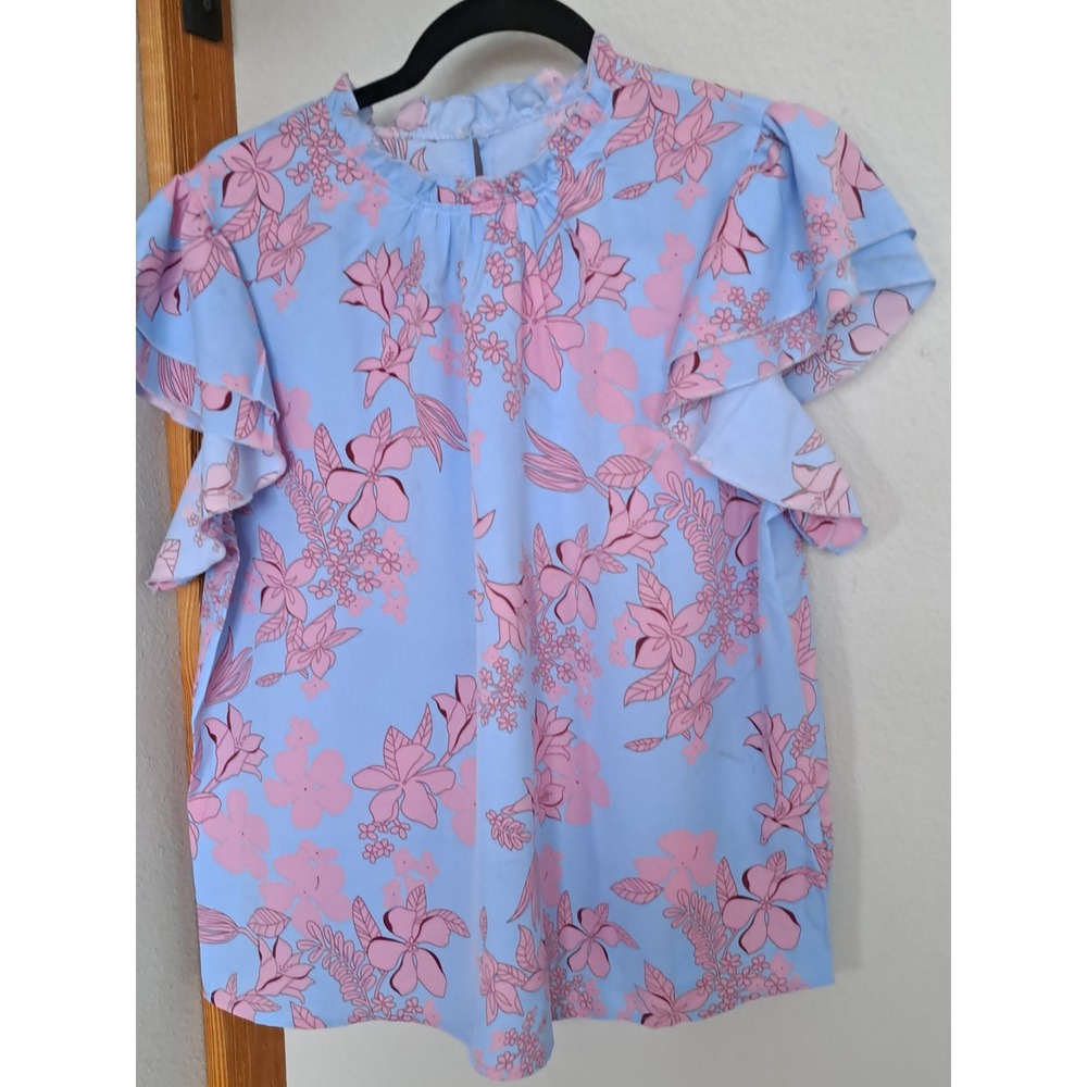SHEIN Floral Flutter Sleeve Blouse Blue Pink Ruffle Mock Neck Top XL 12